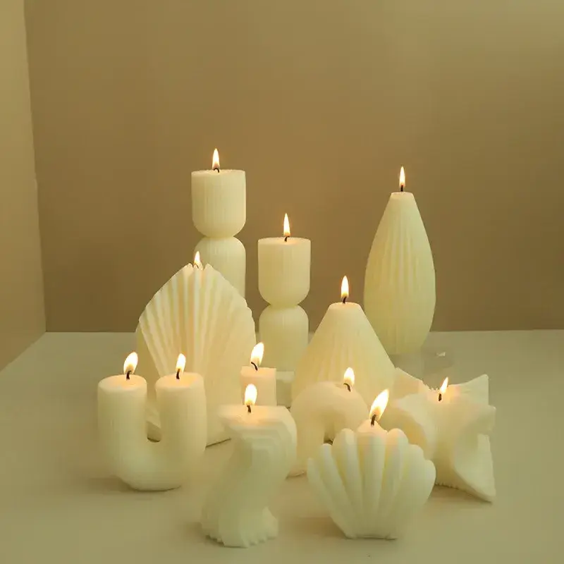 Niseven High Quality Large White Ribbed Pillar Geometric Shaped Scented Candles for Home Decor