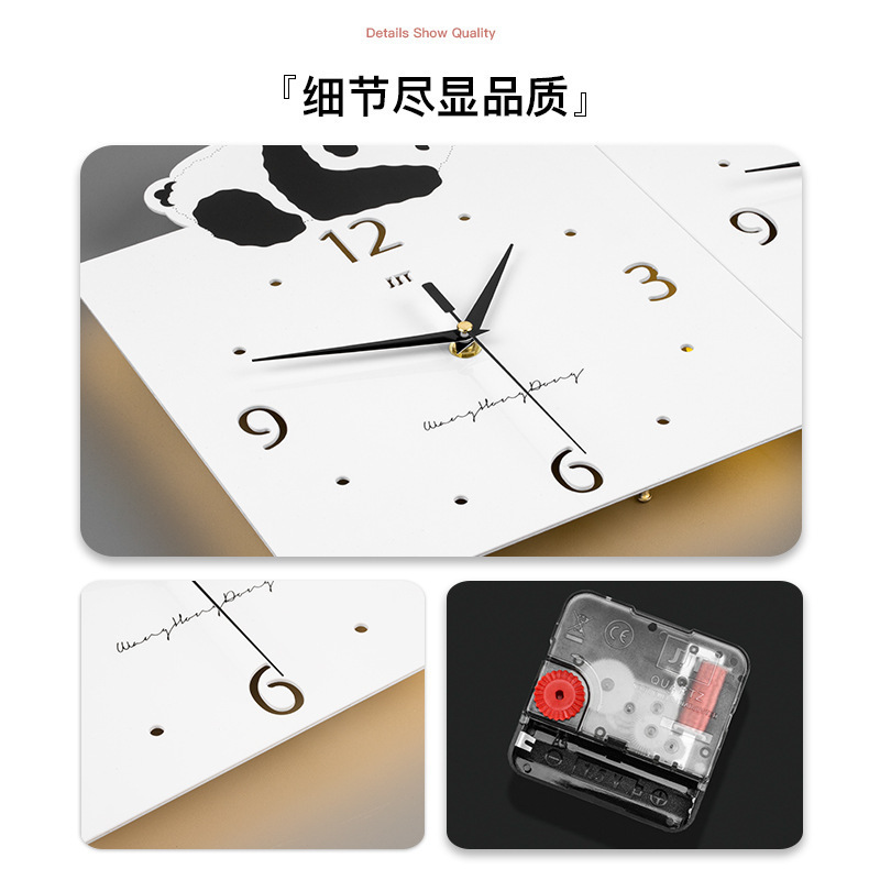 NISEVEN Living Room Fashion Decoration Art 3d Wall Clock Creative Panda Corner Double Sided Wall Clock With Light