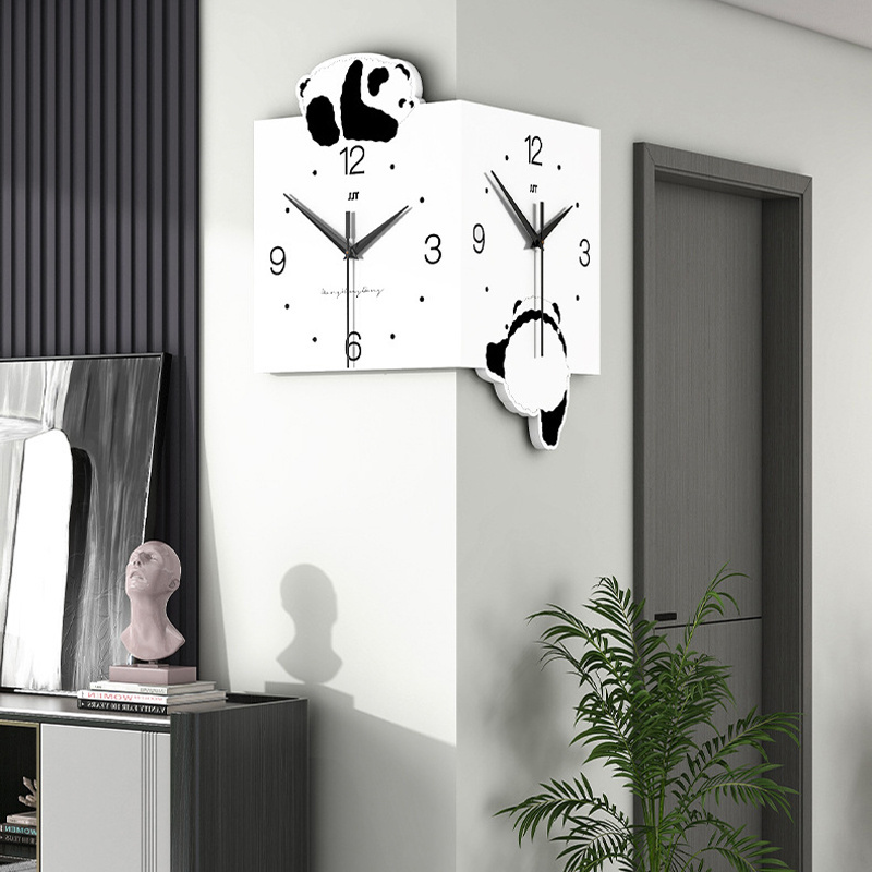 NISEVEN Living Room Fashion Decoration Art 3d Wall Clock Creative Panda Corner Double Sided Wall Clock With Light