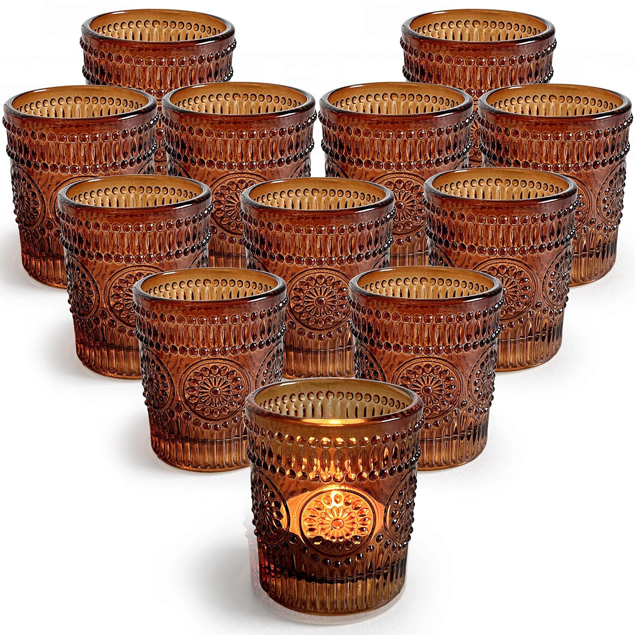 NISEVEN Hot Sales 12PCS/Set Amber Glass Tealight Votive Candle Holder and Glass Candle Jars for Candle Making Table Decor