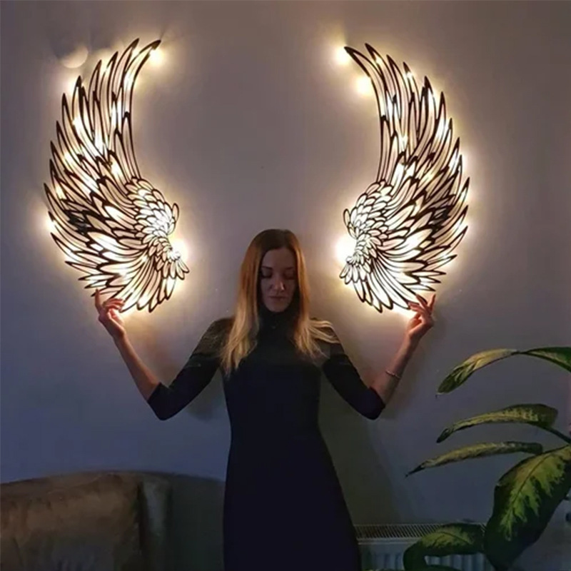 NISEVEN New Style Home Decor Wall Hangings Metal Hollow Art Work Double Sided Pendant Black Angel Wings With Led Light