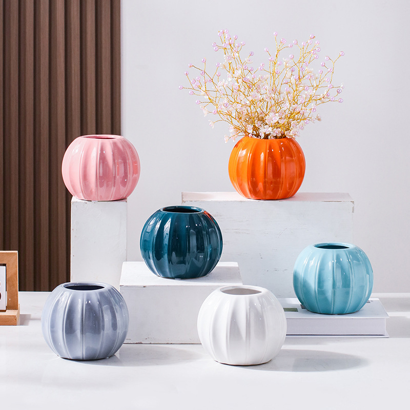 NISEVEN High Quality Home Decoration Nordic Circle Pottery Decorative Vase Cute Shape Pumpkin Ceramic Vase