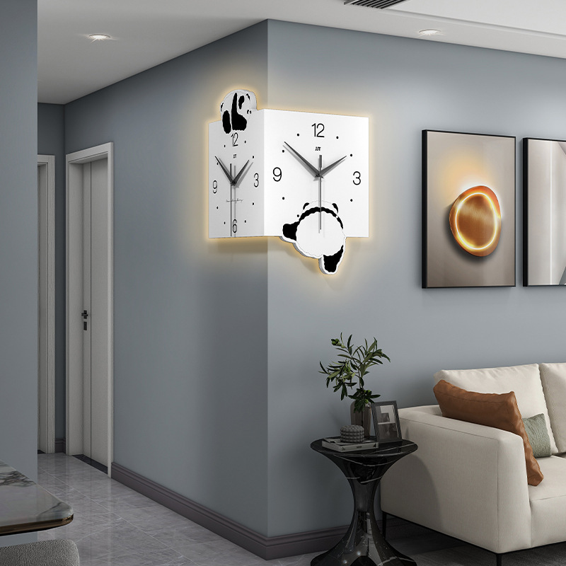 NISEVEN Living Room Fashion Decoration Art 3d Wall Clock Creative Panda Corner Double Sided Wall Clock With Light