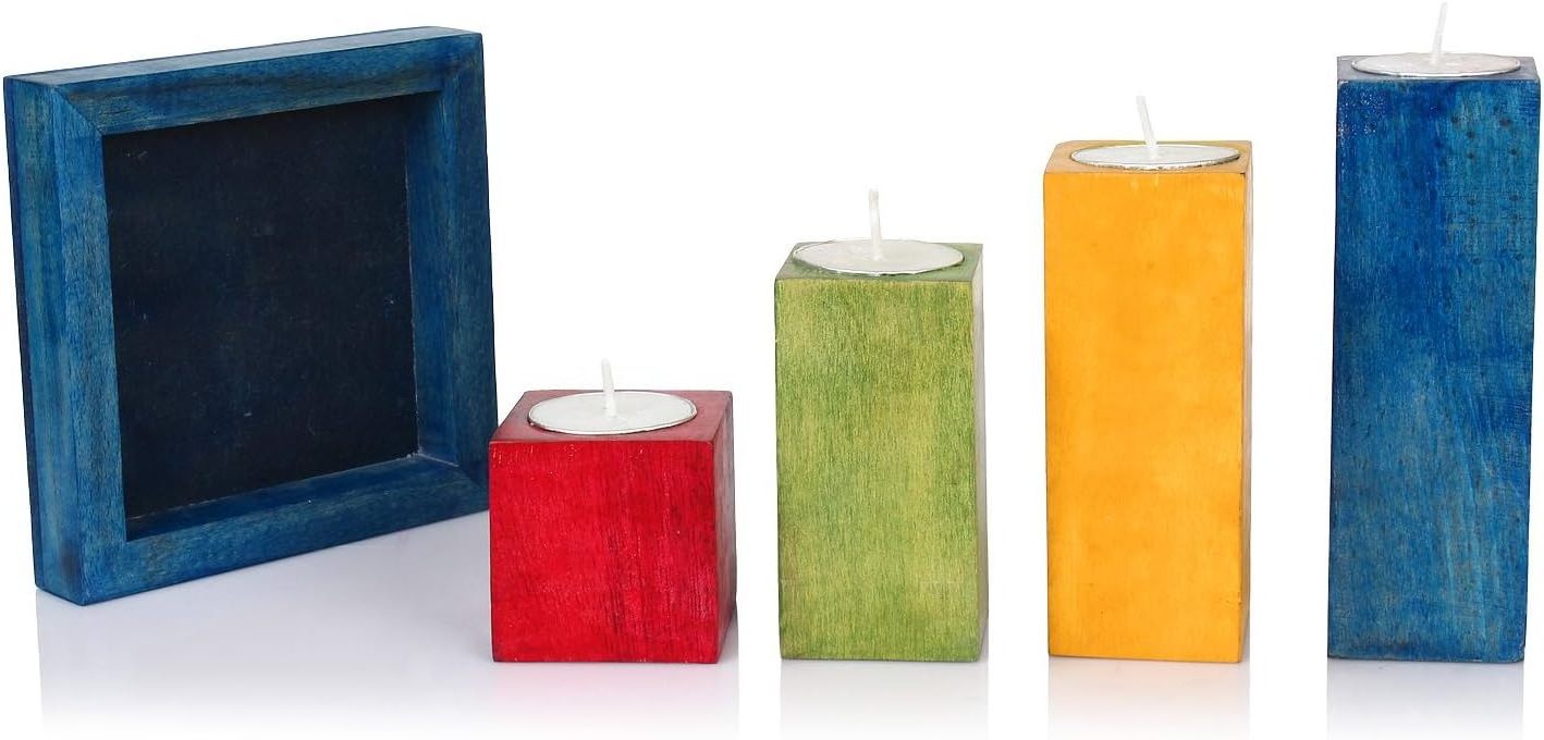 Mango Wood Tealight Candle Holder Set With Tray In Multi colour For Home Decor Gift for Christmas festival