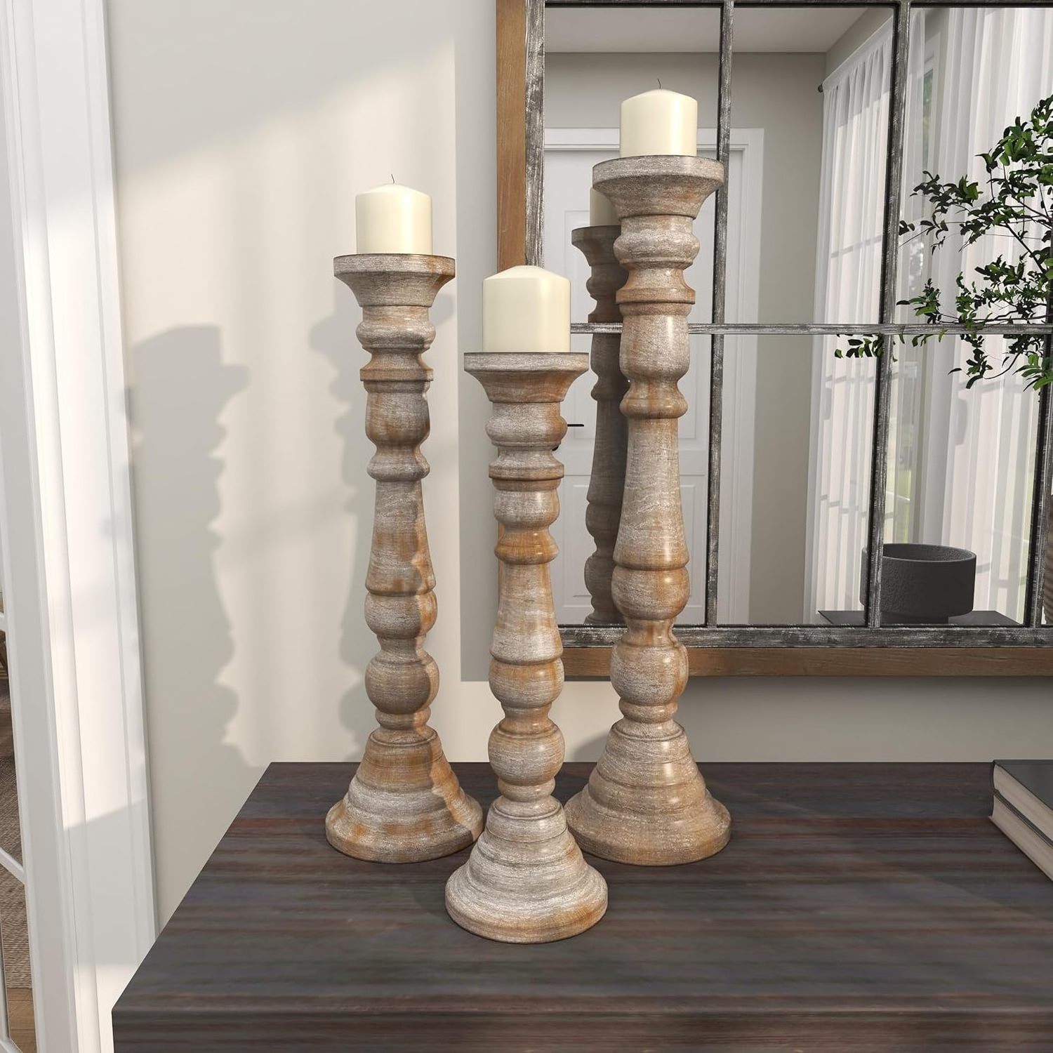 Mango Wood Long Pillar Candle Holders set of 3 Rustic White Hand Carved Mango Wood Candle Holders in Home Living Room