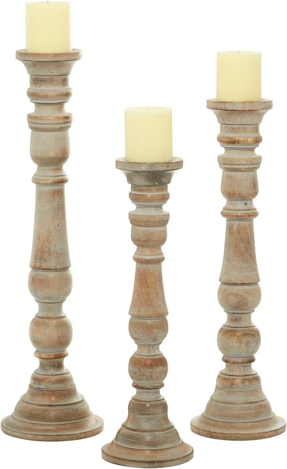 Mango Wood Long Pillar Candle Holders set of 3 Rustic White Hand Carved Mango Wood Candle Holders in Home Living Room