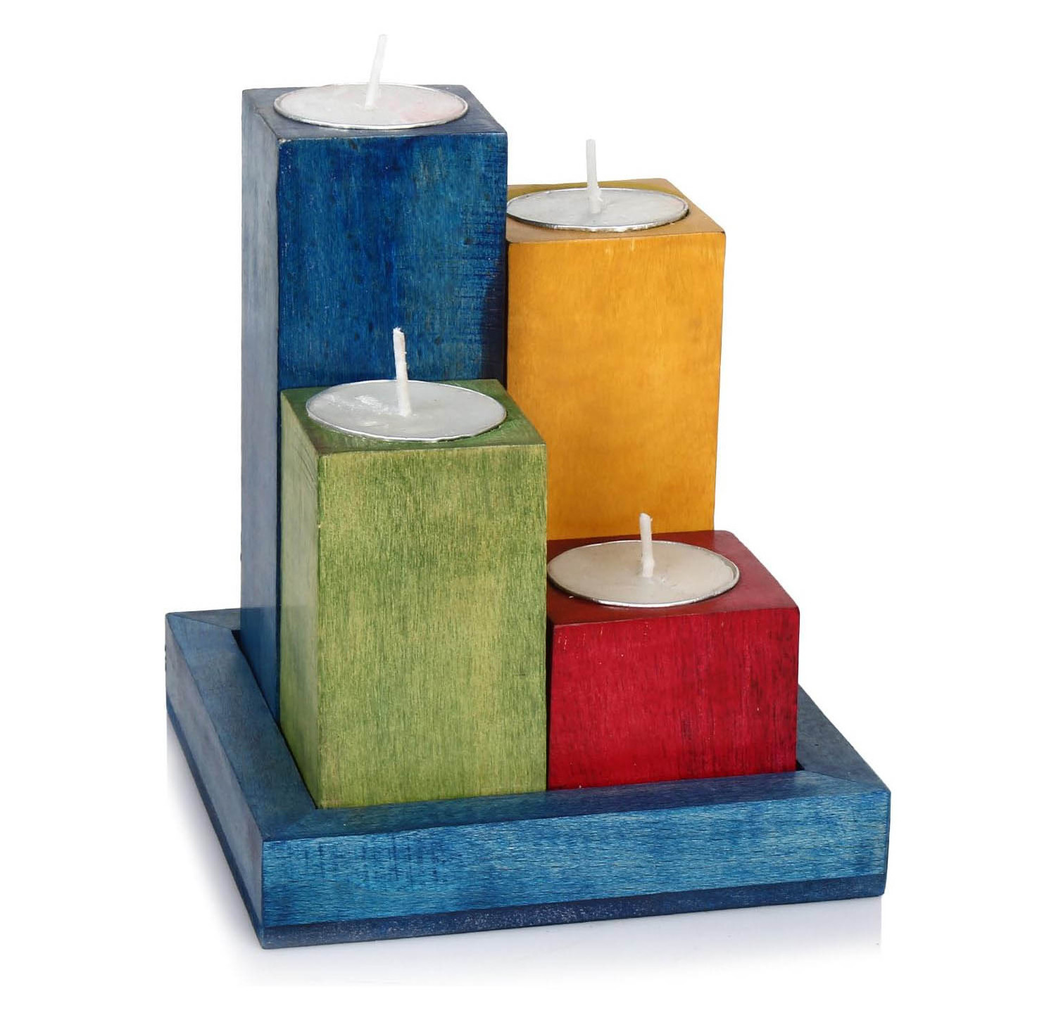 Mango Wood Tealight Candle Holder Set With Tray In Multi colour For Home Decor Gift for Christmas festival