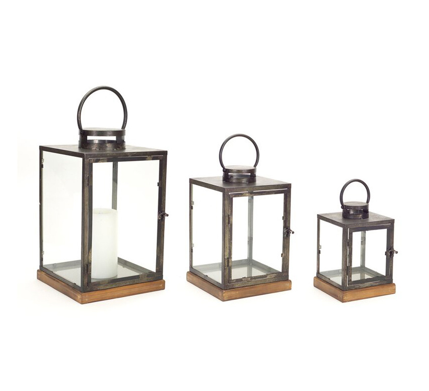 Antique Silver with Wood Base Lanterns Set of 3 Decorative Lanterns Candle Holder Centerpiece