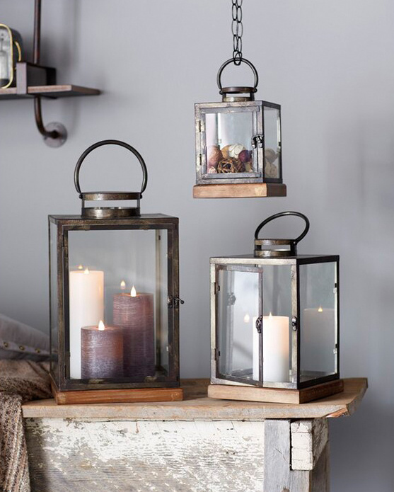 Antique Silver with Wood Base Lanterns Set of 3 Decorative Lanterns Candle Holder Centerpiece