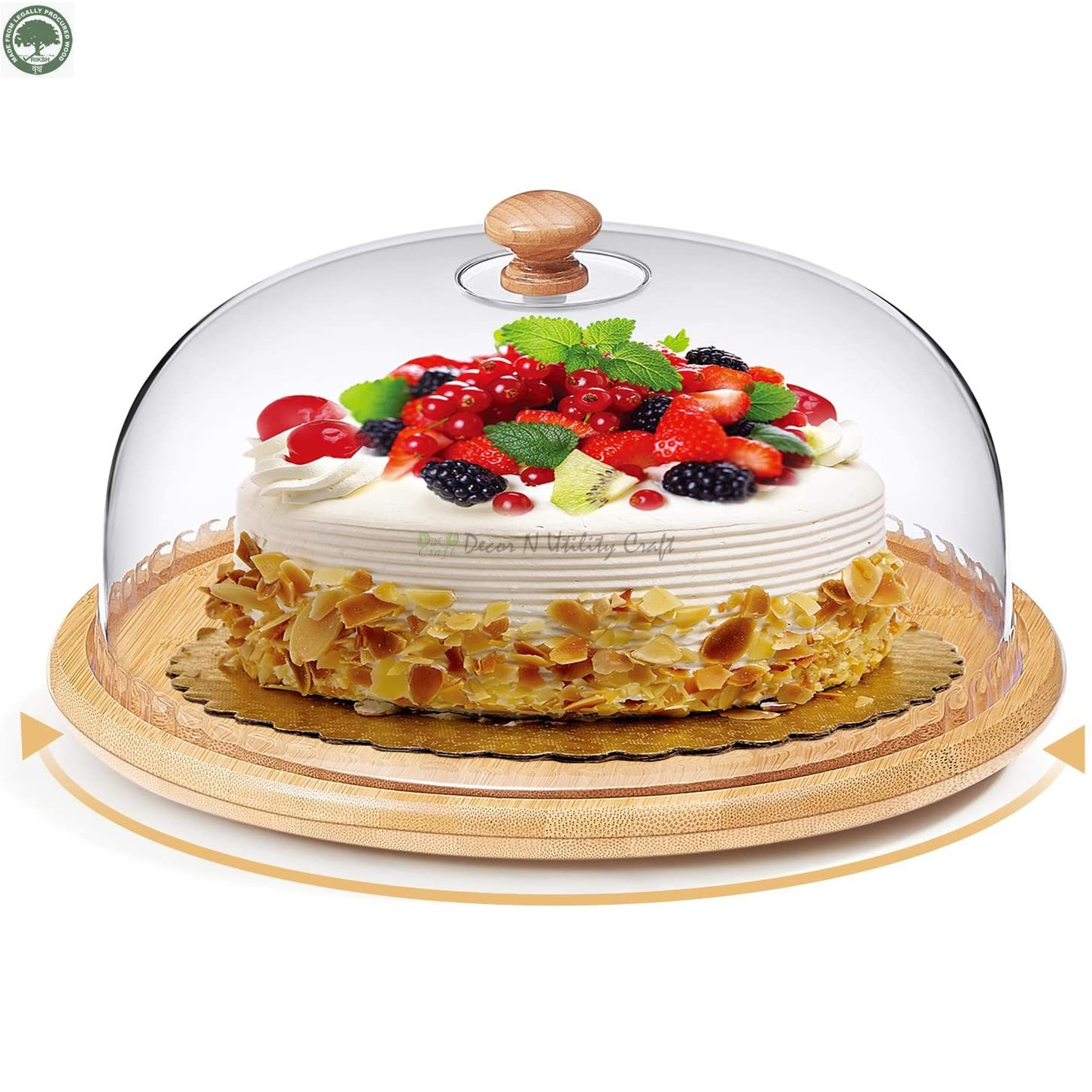 Round Shape Wooden Top Cake Stand With Metallic Base Design With Attentive Rim Tabletop Decorative Smooth Surface Cake Stand