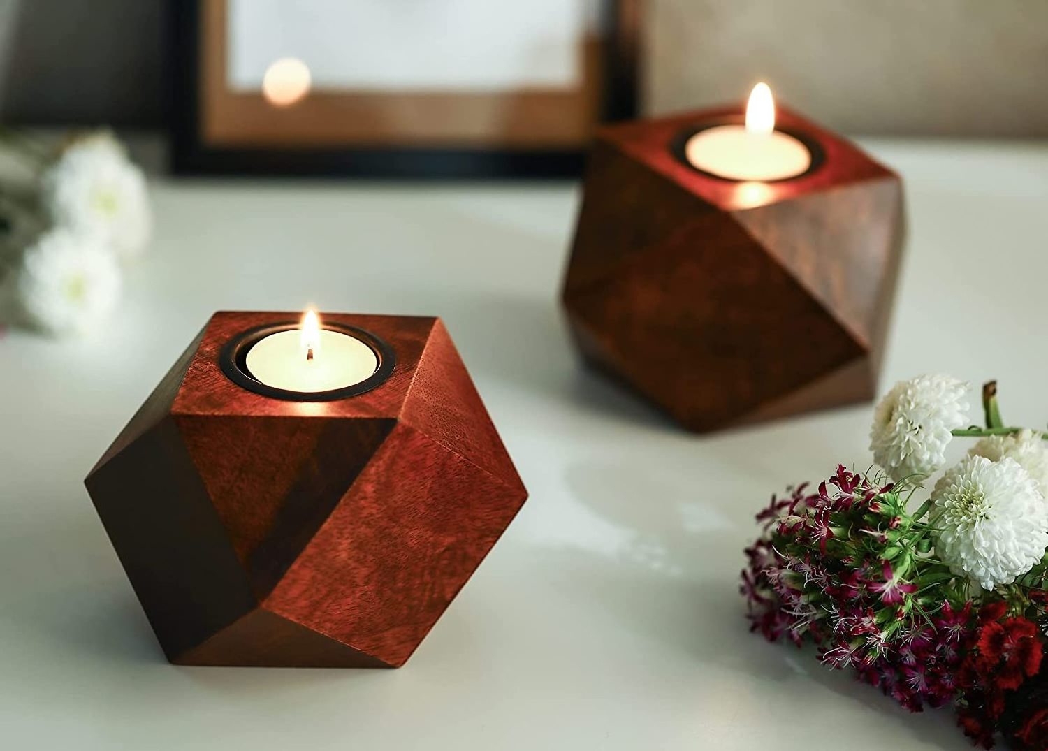 Premium Home Accessories Wooden Decorative Tealight Holder Handmade Best Wooden Candle Holder With Polished  Wooden Geometric