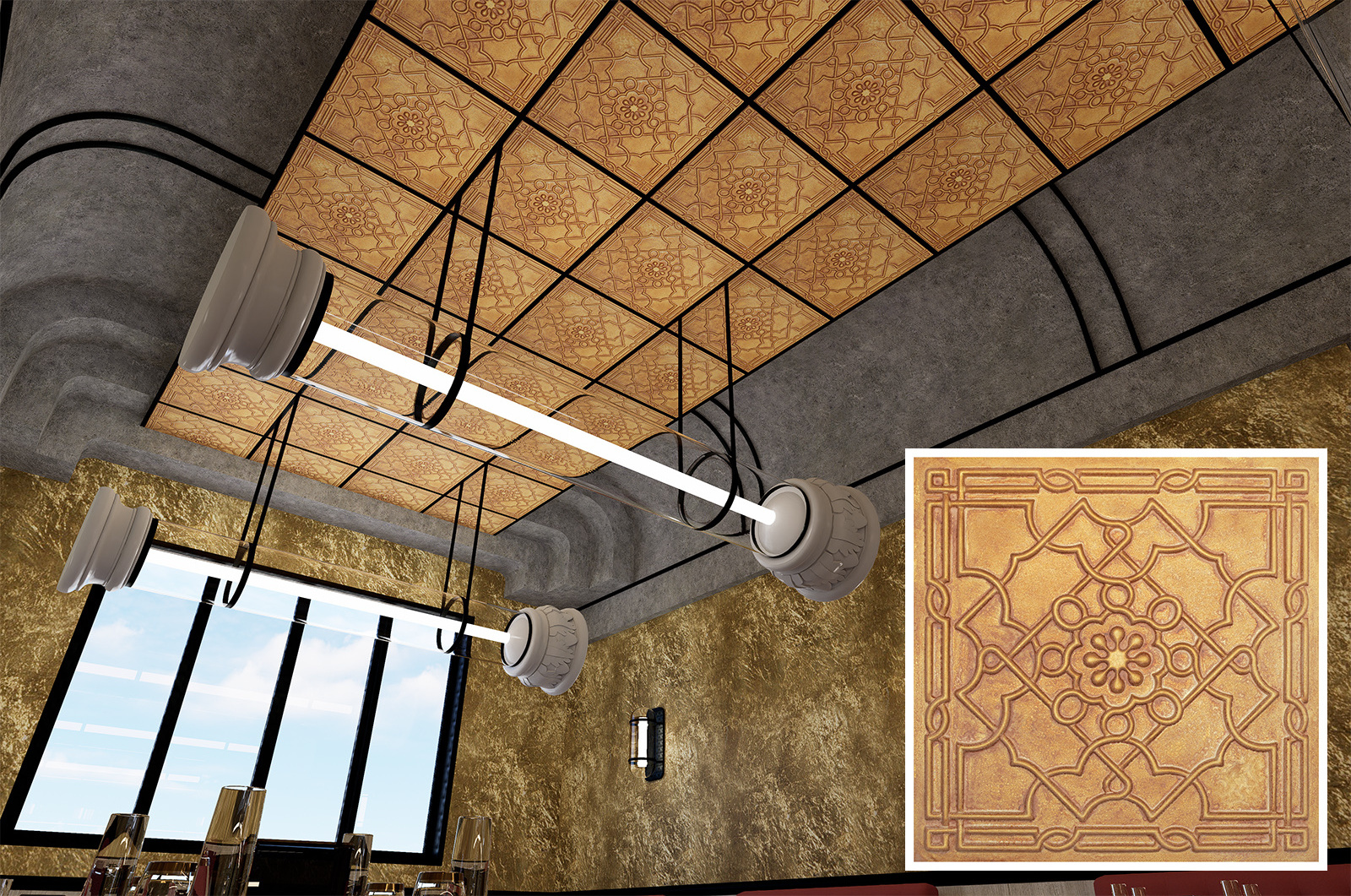 Artistic 3D Ceiling Tile Faux Tin Glue up/Drop in Easy to Install PVC Panels PL09 Vintage brown gold