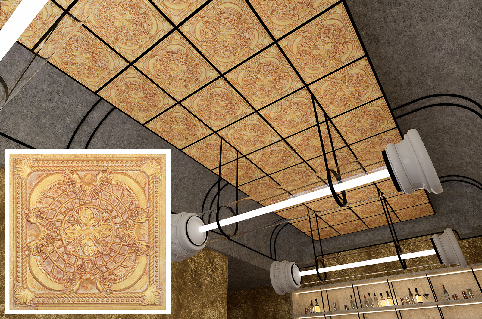 Faux painting Auld Glue up ceiling tiles Metalize wall panels Easy to Install PVC Panels PL31 Vintage brown gold