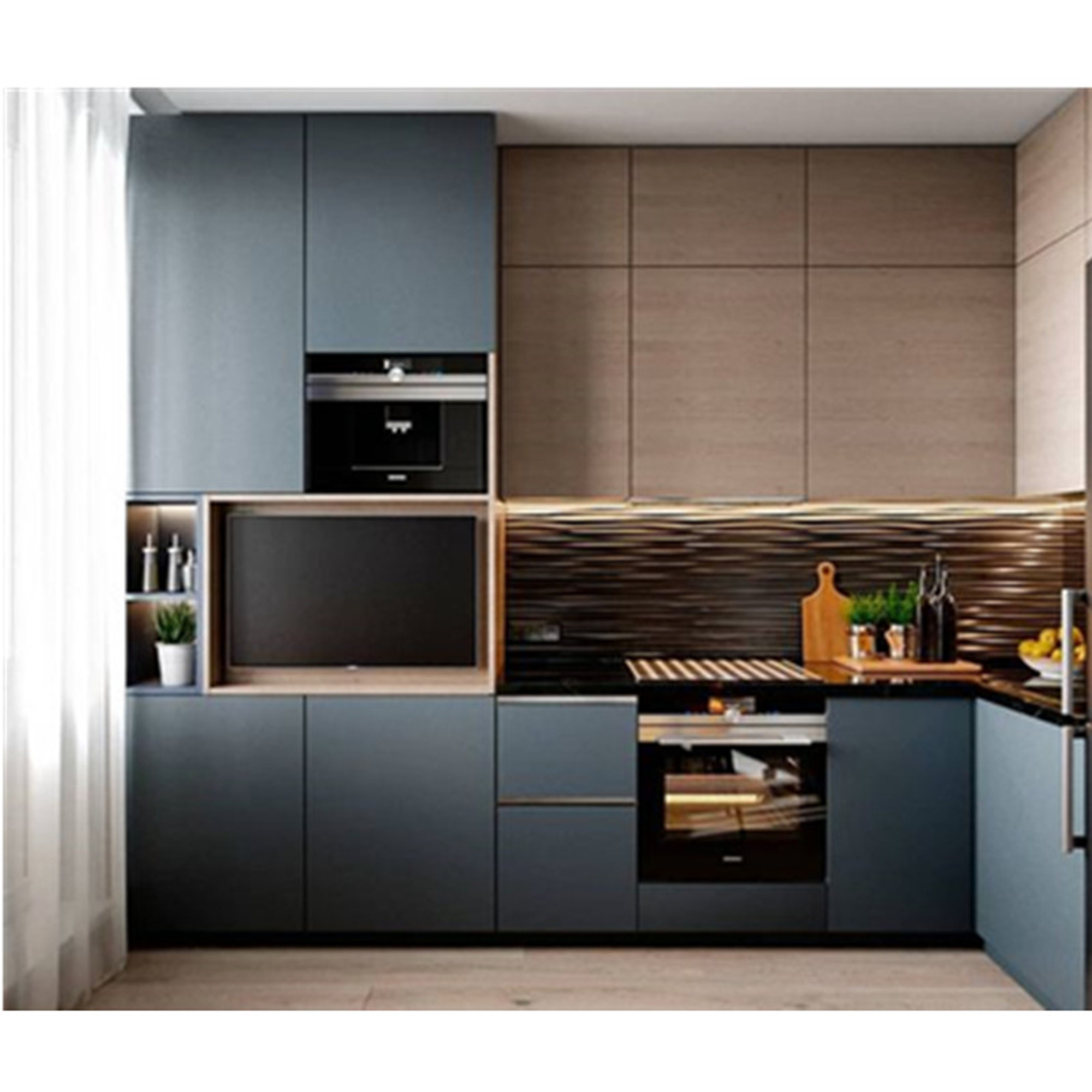 modern luxury custom made matte navy blue oak kitchen cabinet with benchtop for villa