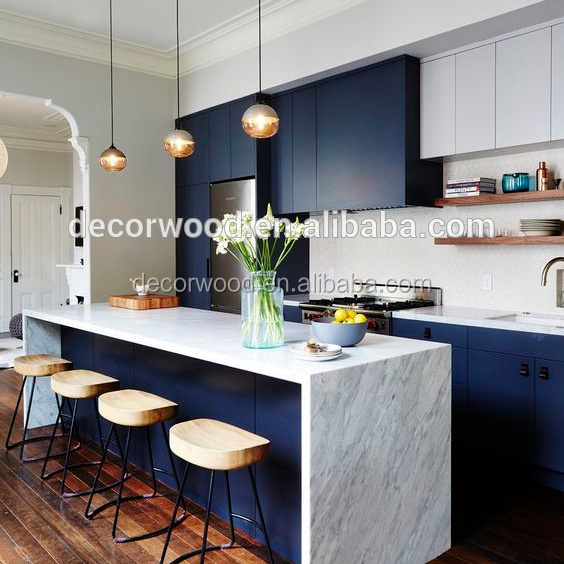 modern luxury custom made matte navy blue oak kitchen cabinet with benchtop for villa