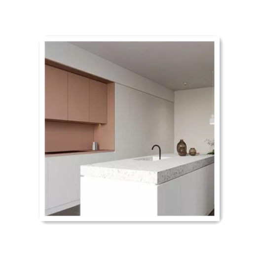 modern light coffee kitchen cabinets with creamy white island and artificial stone countertop