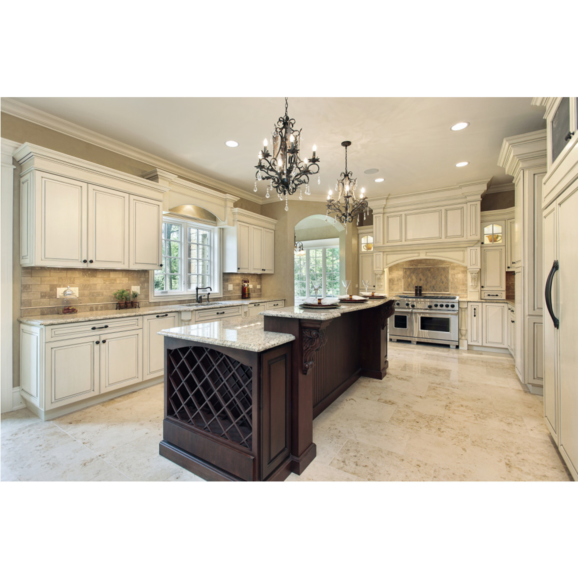 white wooden kitchen cabinets French style luxury solid wood shaker with quartz countertops island