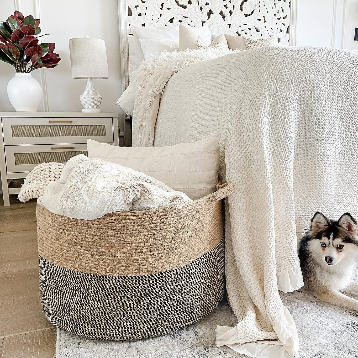 Large Woven Basket Living Room Wicker Storage Basket Bedroom Laundry Basket for Toy Pillow Shoe