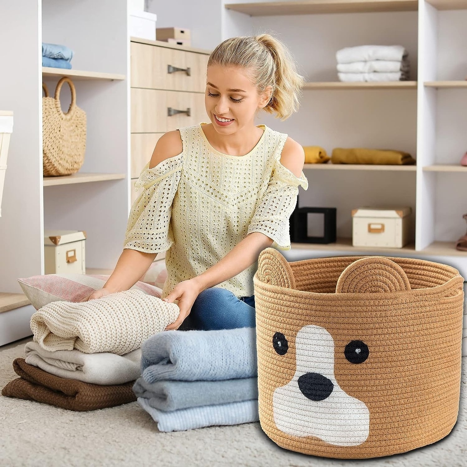 Wholesales Pet Dog Toy Woven Cotton Rope Animal Storage Basket Bin for Kids Baby Toys Basket Gifts for Dog Lovers baskets