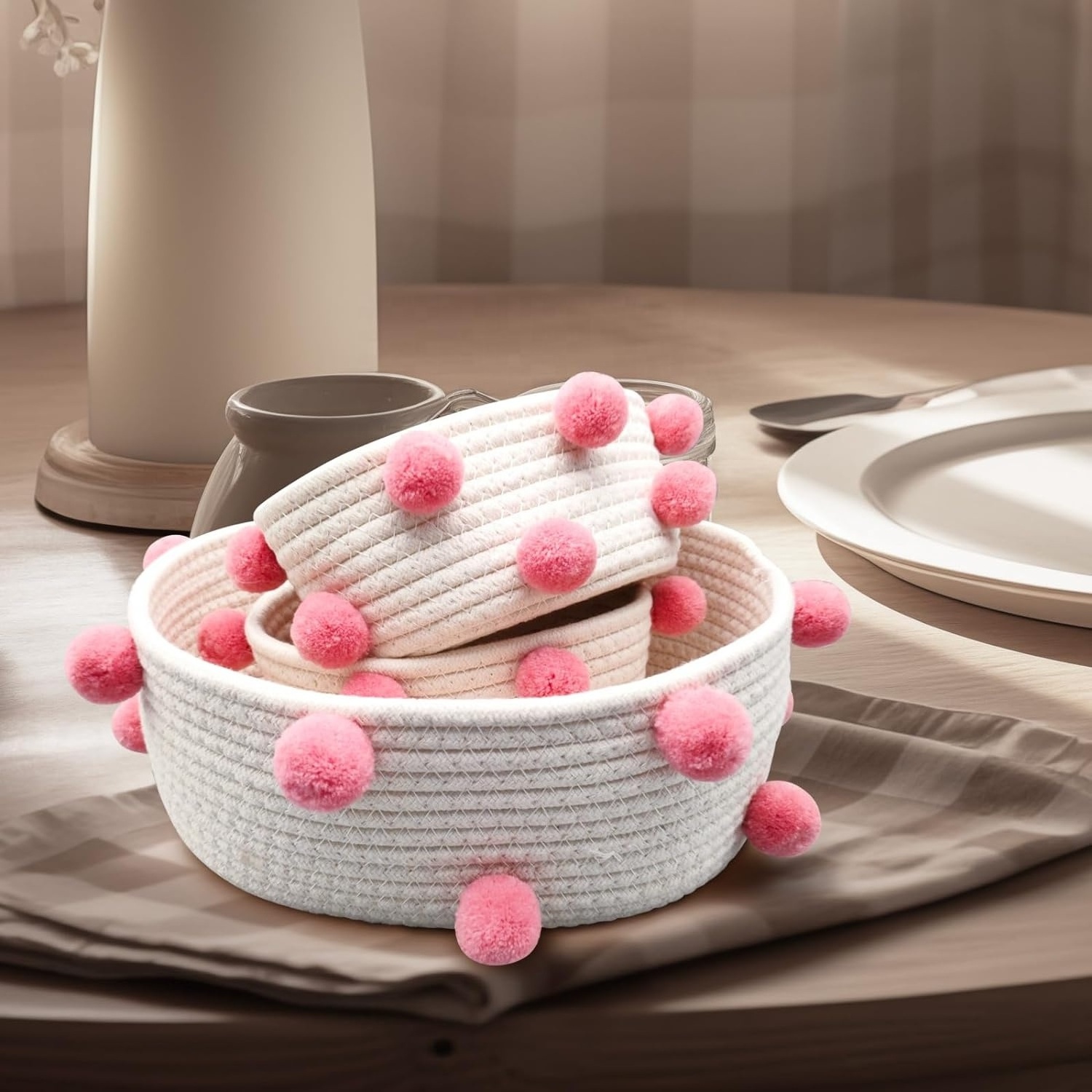 Wholesale 3-Piece Oval Cute Pretty Pompomed Small Dog Cat Toy Gift Natural Cotton Rope Woven Basket