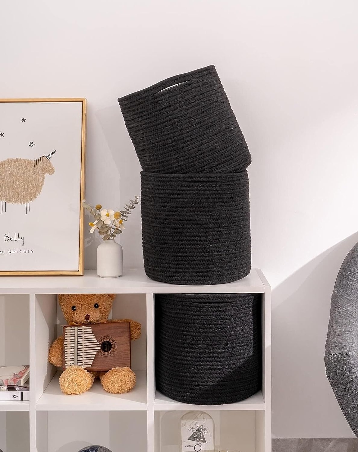 3-Pack Wholesale Black Bins Organizer Bookcases Shelving Stylish&Durable Containers Woven Cotton Rope Basket Cube Storage Bakset