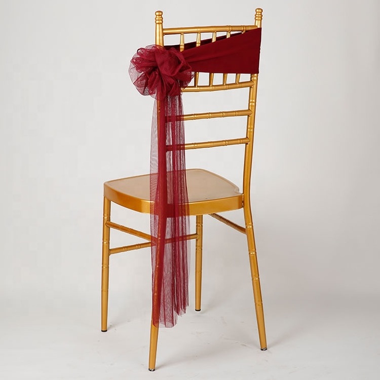 Flower bow organza chair sash with stretch fabric band for wedding banquet