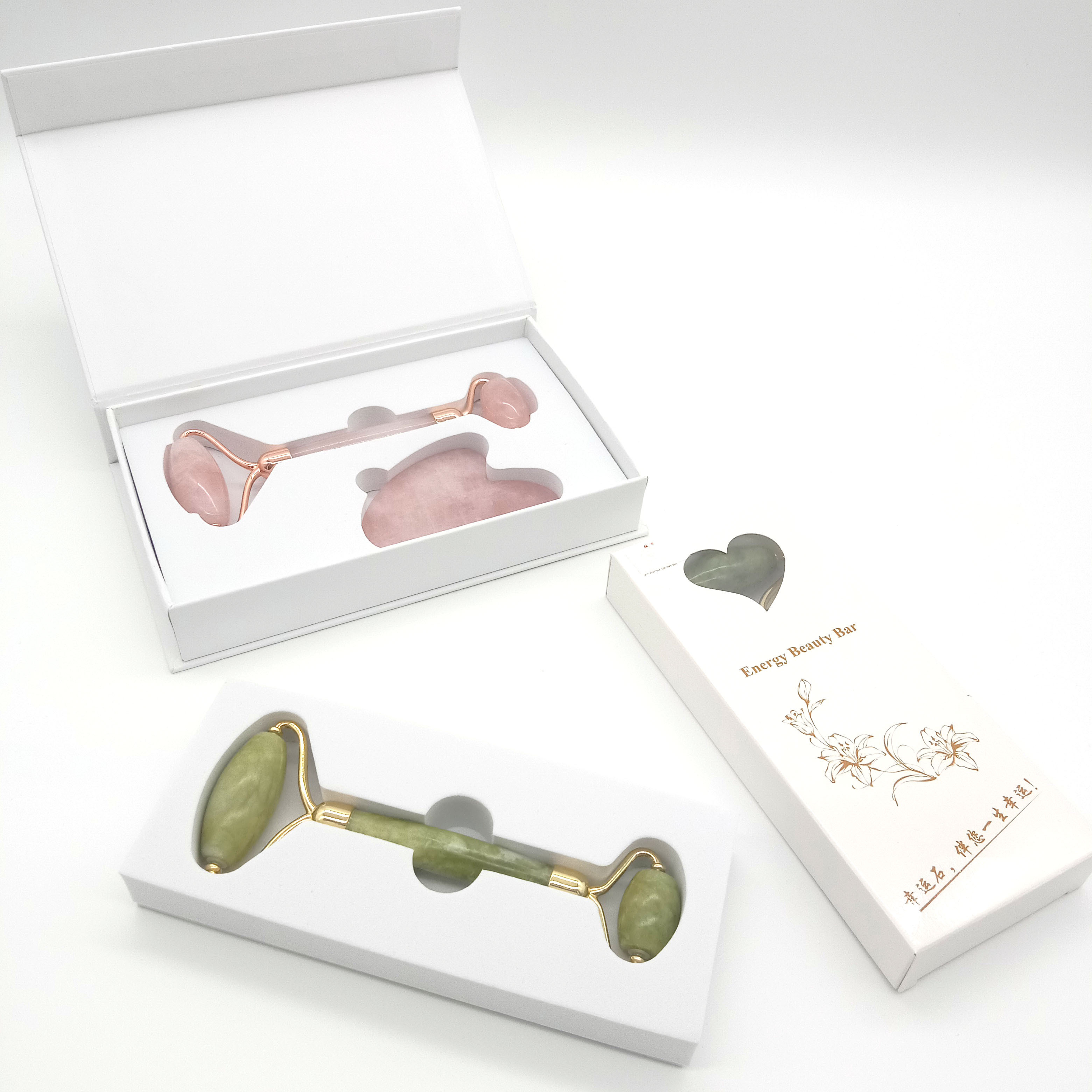 Best price handheld rose quartz gua sha beauty skin massage facial jade roller vendor customized boxes