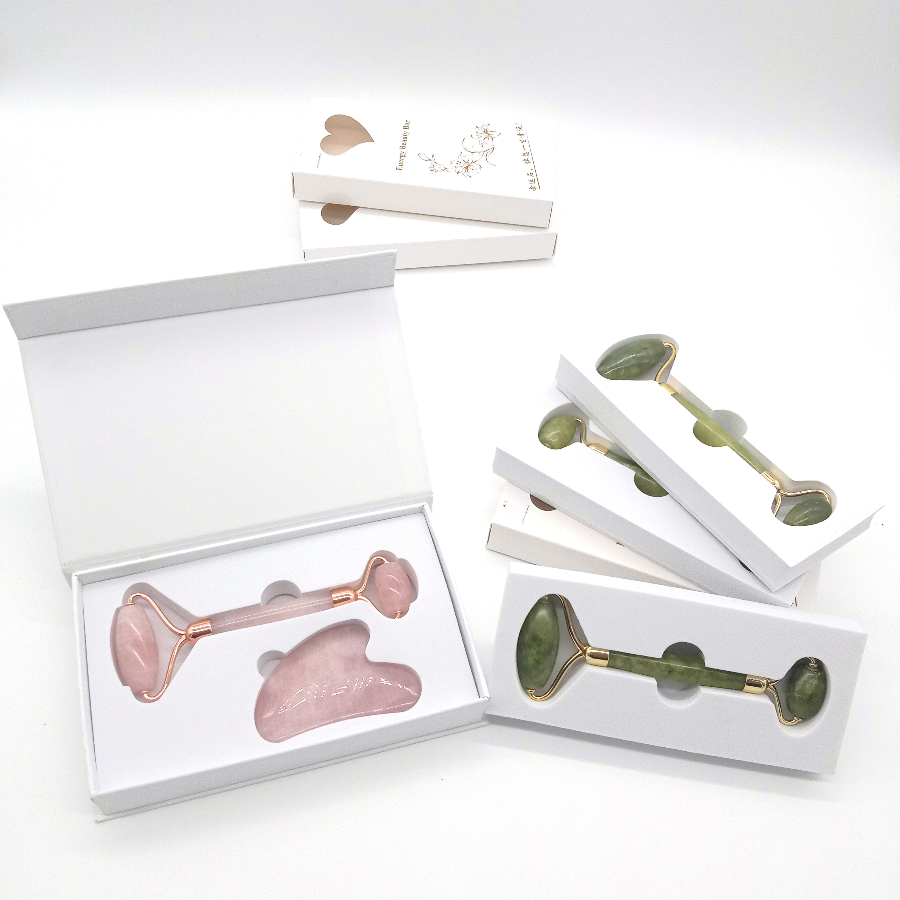 Best price handheld rose quartz gua sha beauty skin massage facial jade roller vendor customized boxes