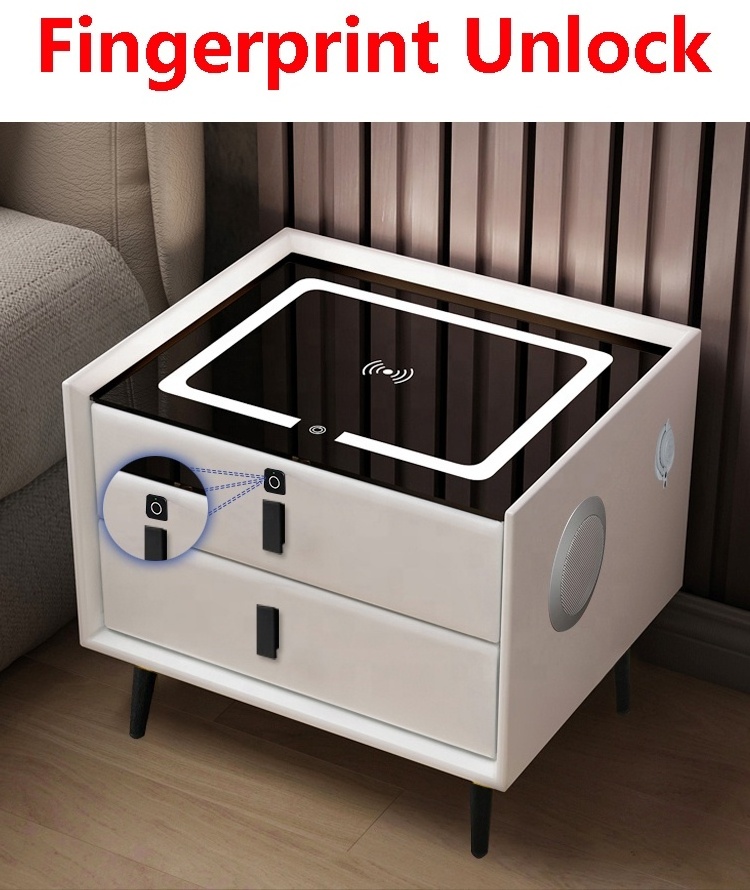 modern smart night stand with LED USB wireless charging fingerprint unlock  plug base bedroom bedside table rock play music