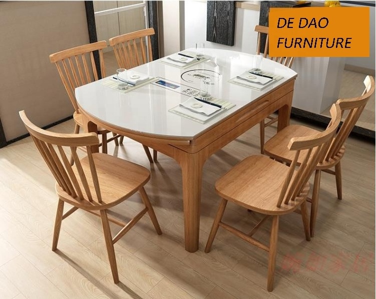 modern style solid wood rectangle/cricular round Telescopic dining table with glass table top diningroom furniture wholesale