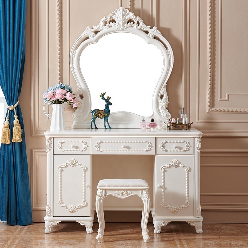 European style Antique Dresser Furniture Dressing Table Set With Mirror And Stool Makeup Vanity Table wooden high quality