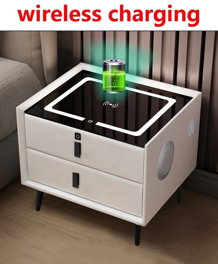 modern smart night stand with LED USB wireless charging fingerprint unlock  plug base bedroom bedside table rock play music