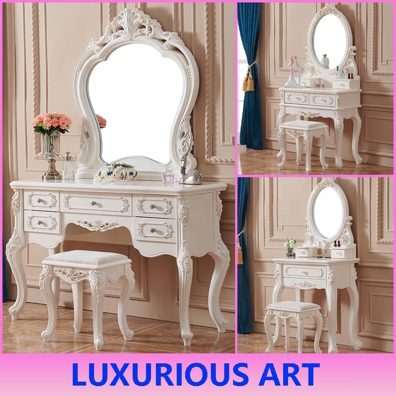 European style Antique Dresser Furniture Dressing Table Set With Mirror And Stool Makeup Vanity Table wooden high quality