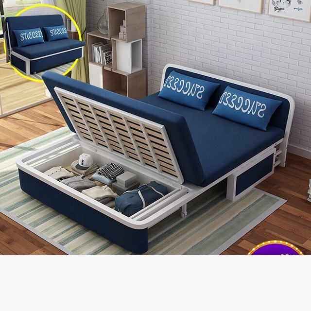 Modern style fabric Adjustable folding storage sofa bed with detachable armrest Metal frame transformable bedroom furniture