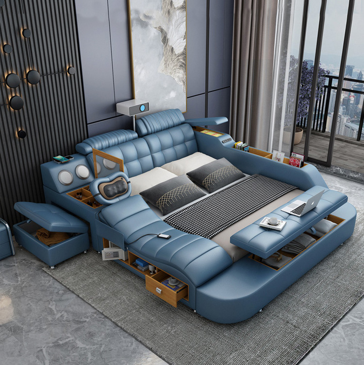 Modern Bedroom Leather Multifunction Massage Bed with projector Tatami Smart set with USB Charge and Speaker watch movie at bed