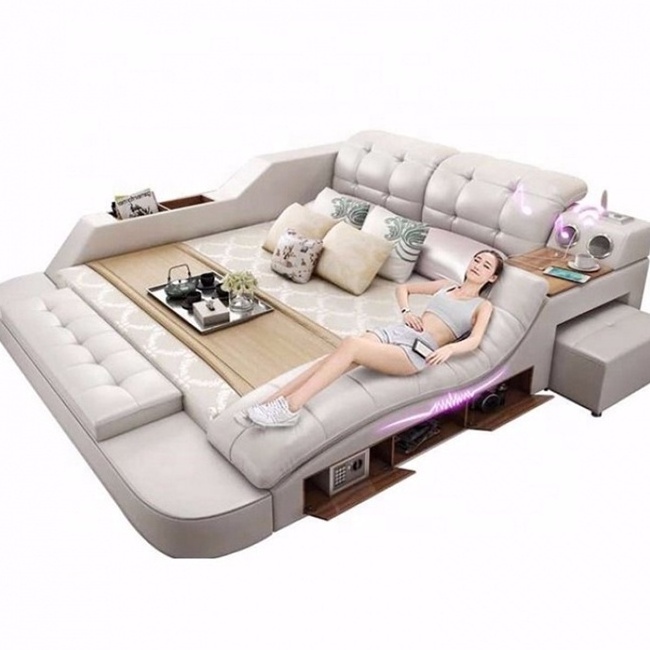 Customizable multifunction storage bed with massage music design of leather bed solid wood frame tatami factory wholesale