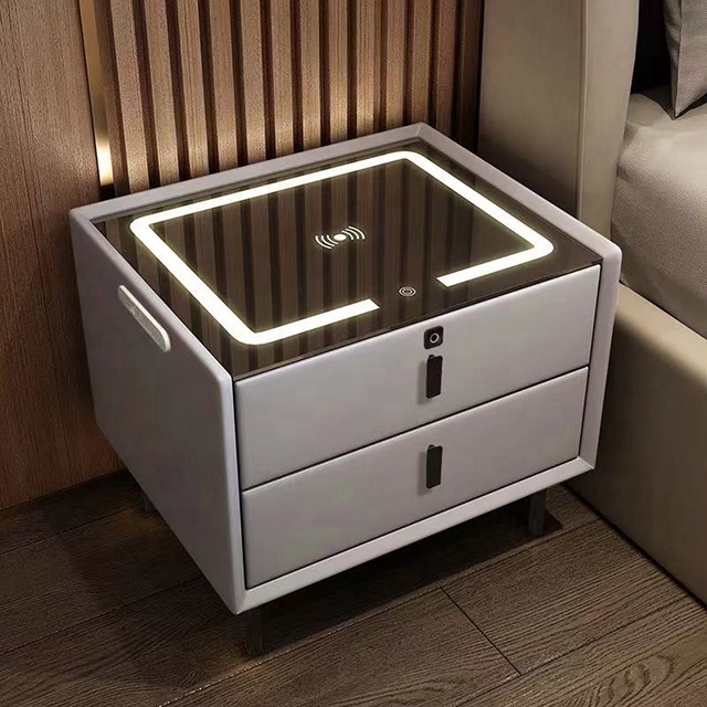 modern smart night stand with LED USB wireless charging fingerprint unlock  plug base bedroom bedside table rock play music