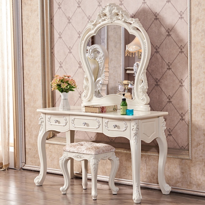 European style Antique Dresser Furniture Dressing Table Set With Mirror And Stool Makeup Vanity Table wooden high quality