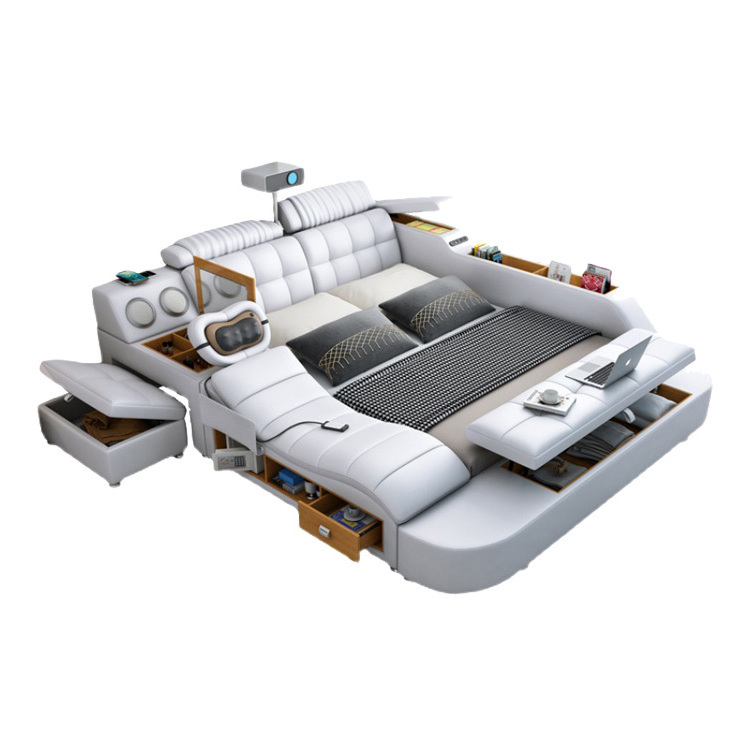 Modern Bedroom Leather Multifunction Massage Bed with projector Tatami Smart set with USB Charge and Speaker watch movie at bed