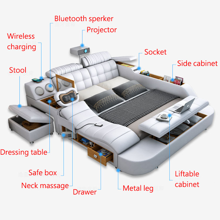 Modern Bedroom Leather Multifunction Massage Bed with projector Tatami Smart set with USB Charge and Speaker watch movie at bed