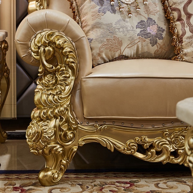 2020 Gold Royal Cream color leather sofa solid wood 1+2+3 seat living room wooden carved European-style furniture foshan factory