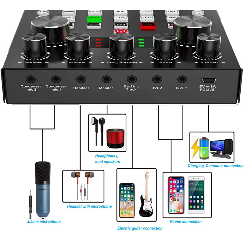 Professional V8S Live Sound Cardmixer Accessories Set Audio Usb Sound Cards BM800 Condenser Studio Microphone Streaming Podcast