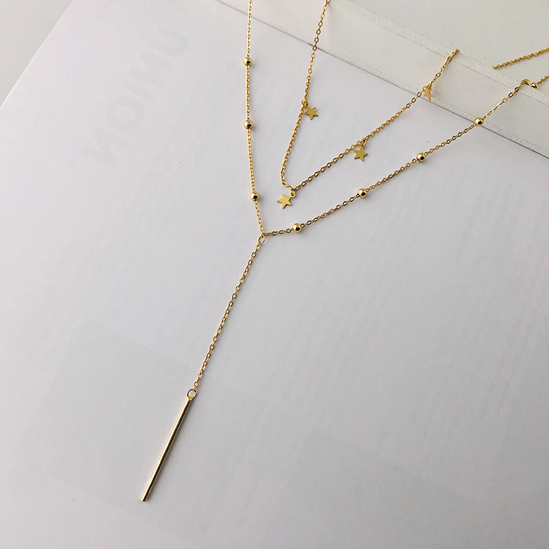 S925 Sterling Silver Double Star Necklace Women's Fringe Necklace Gold Plated Double Star Necklace