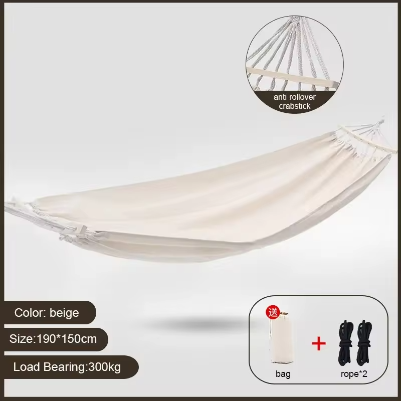 Factory Wholesale Comfortable Easy Hanging Outdoor Beds Camping White Canvas Swing Hammock With Bend Bar Antiroll