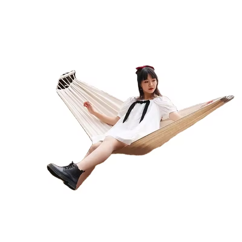 Factory Wholesale Comfortable Easy Hanging Outdoor Beds Camping White Canvas Swing Hammock With Bend Bar Antiroll