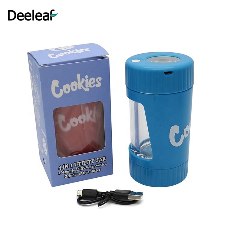 Plastic herb tobacco grinder with led jar for smoking electric herb grinder led custom logo cookies herb grinder container