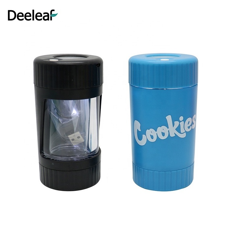 Plastic herb tobacco grinder with led jar for smoking electric herb grinder led custom logo cookies herb grinder container