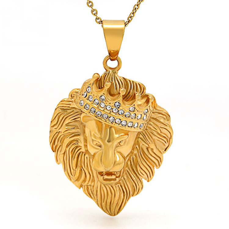 Marlary Hip Hop Style Crystal Rhinestones Stainless Steel 18K Gold Plated King Crown Lion Head Pendant