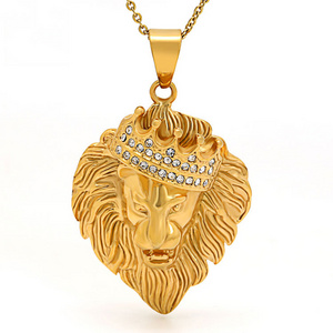 Marlary Hip Hop Style Crystal Rhinestones Stainless Steel 18K Gold Plated King Crown Lion Head Pendant