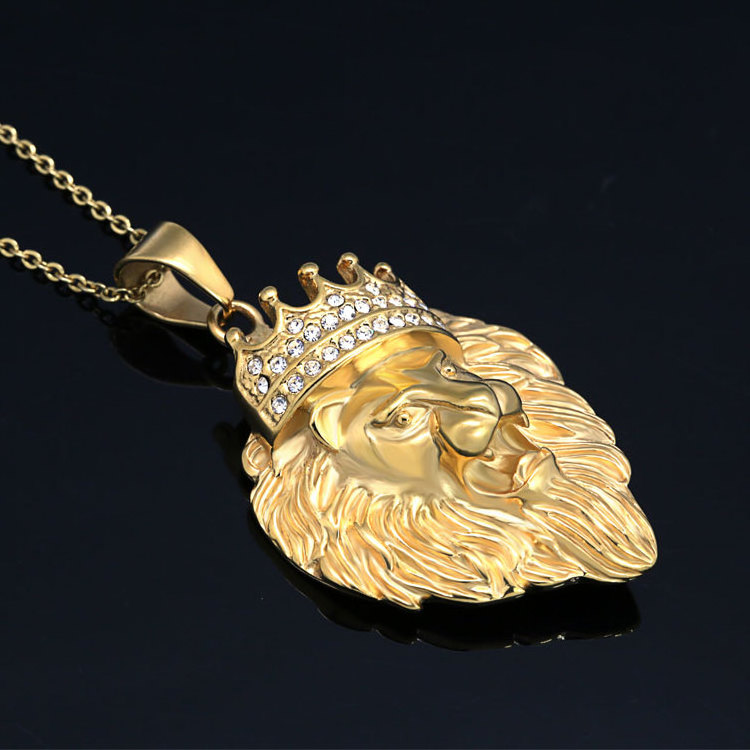 Marlary Hip Hop Style Crystal Rhinestones Stainless Steel 18K Gold Plated King Crown Lion Head Pendant